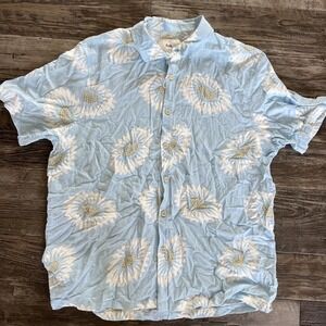 Folk Shirt Mens Size‎ XL Blue  Short Sleeve Button Up Linen Blend Flower Beach